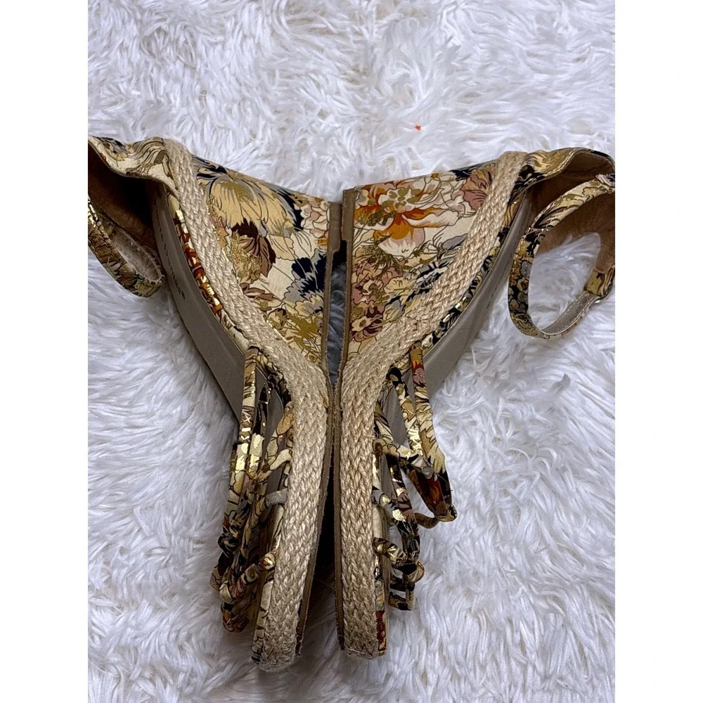 Pierre Dumas Gail-1 Floral Gold Metallic Espadrille Wedge Sandals Womens 9